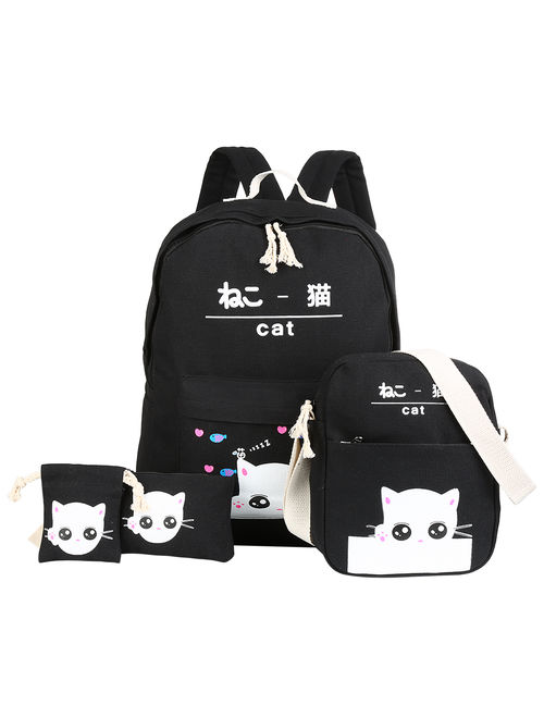 Vbiger Set 4 Cat Canvas Backpack Casual Bookbags School Backpacks Bags Shoulder Wallet Bag (Black)