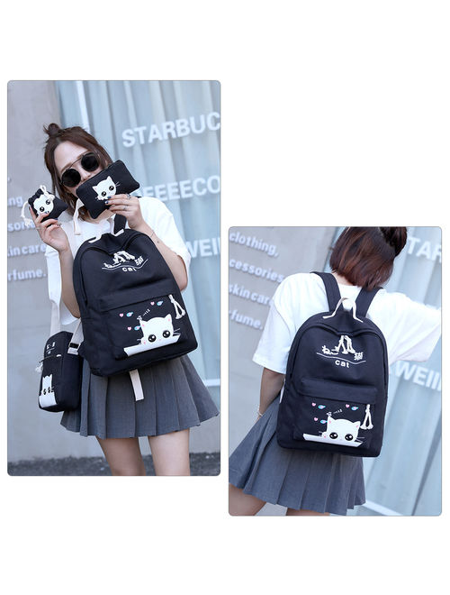Vbiger Set 4 Cat Canvas Backpack Casual Bookbags School Backpacks Bags Shoulder Wallet Bag (Black)