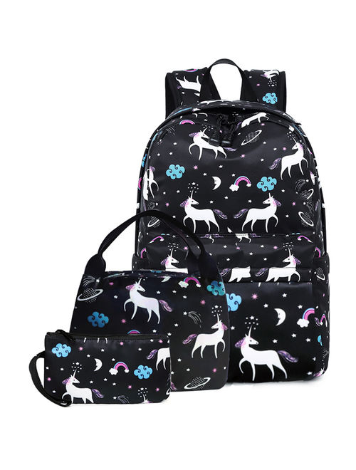 Unicorn Backpack, Coofit Lightweight 3PCS Nylon Cute School Backpack Travel Bag Bookbags Set with Lunch Bag & Pencil Case Daypack for Kids Teenage Girls Boys