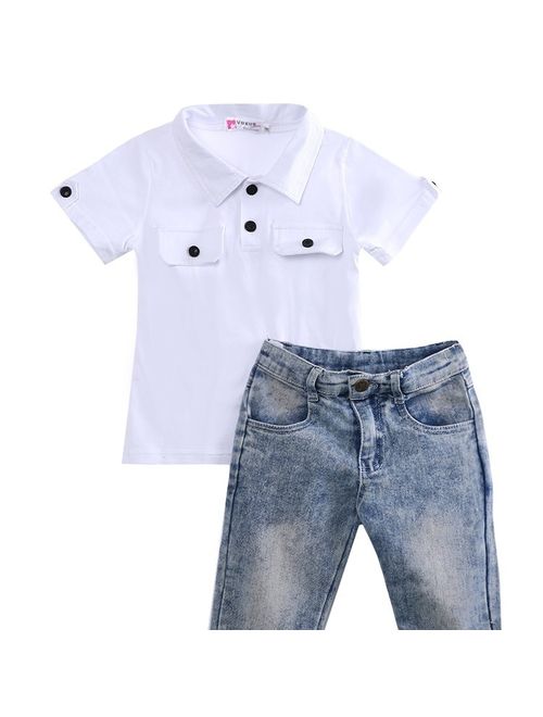 2pcs Fashion Cool Boy Toddler Kids Baby Boy T-shirt Top+Jeans Pants Trousers Clothes Outfits Sets