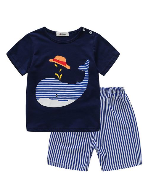 2pcs/Set Kids Toddler Boys Summer Clothes Whale Print T-Shirt Tops + Stripes Shorts Outfits