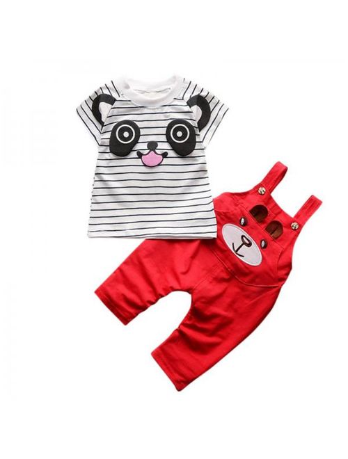 2pcs Cute Summer Child Boy Animal Style Strap Short Sleeve Striped Top+Pant