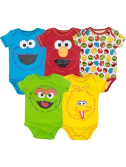 Sesame Street Baby Boy Girl 5 Pack Bodysuits - Elmo, Cookie Monster, Oscar and Big Bird (6-9 Months)