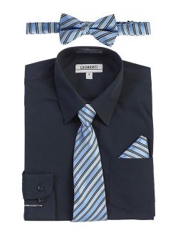 Little Boys Navy Shirt Necktie Bow Tie Pocket Square 4 Pc Set