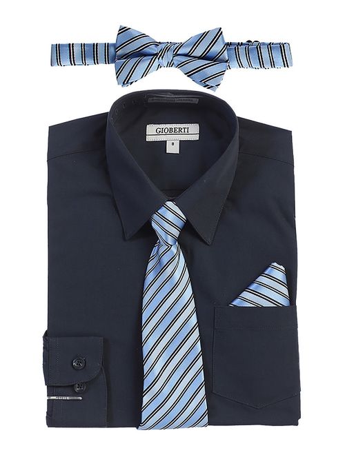 Gioberti Little Boys Navy Shirt Necktie Bow Tie Pocket Square 4 Pc Set