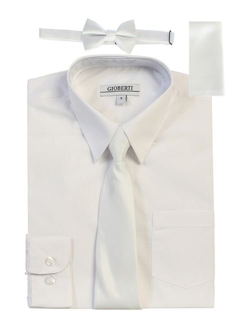 Gioberti Little Boys White Solid Shirt Tie Bow Tie Square Pocket 4 Pc Set