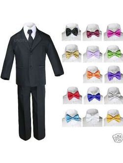 6pc Baby Boy Kid Teen Extra Bow tie Wedding Formal BLACK Vest Necktie Suits S-20