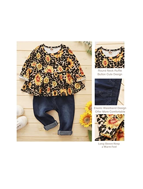 Girls Pants Set Infant Ripped Jeans Floral Long Sleeve T Shirt Tops Toddler Ruffle Outfits for Fall