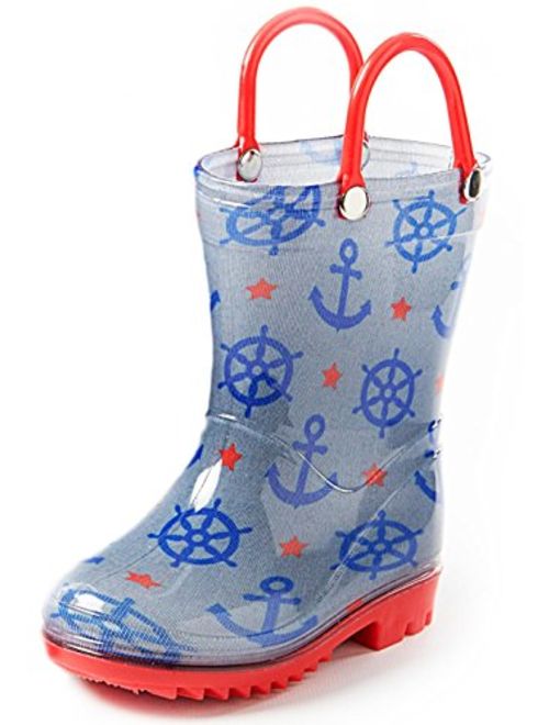 Puddle Play Children's Boys' Nautical Printed Waterproof Easy-On Rubber Rain Boots (Toddler/Little Kids)