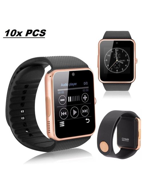 10 Pack GT-08 Gold Smart Watch Wholesale Lot Touch Screen Bluetooth Smart Wrist Watch - Supports SIM + Memory Card
