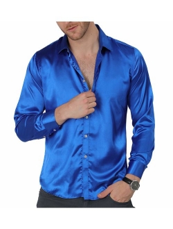 VICALLED Men's Satin Luxury Dress Shirt Slim Fit Silk Casual Dance Party Long Sleeve Fitted Wrinkle Free Tuxedo Shirts