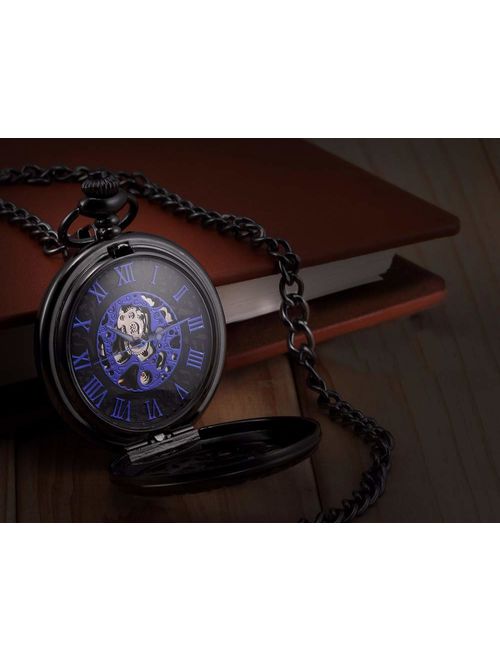 LYMFHCH Steampunk Blue Hands Scale Mechanical Skeleton Pocket Watch with Chain As Xmas Fathers Day Gift