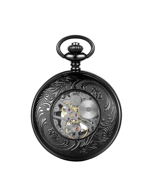 LYMFHCH Steampunk Blue Hands Scale Mechanical Skeleton Pocket Watch with Chain As Xmas Fathers Day Gift