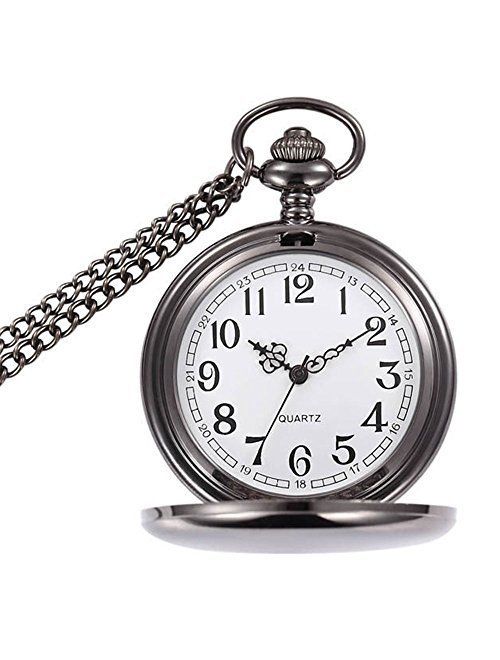WIOR Classic Smooth Vintage Pocket Watch Silver Steel Mens Watch with 14 in Chain for Xmas Fathers Day Gift