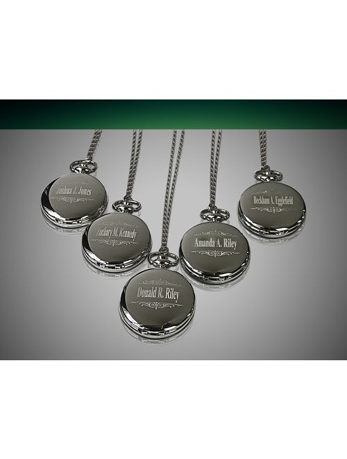 6 Personalized Pocket Watches, Set of 6 Groomsmen Wedding Unique Gifts, Chain, Box and Engraving Included, Comes in 4 Colors