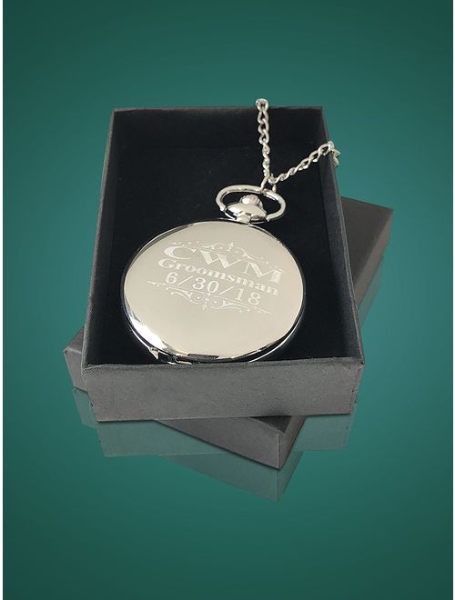 6 Personalized Pocket Watches, Set of 6 Groomsmen Wedding Unique Gifts, Chain, Box and Engraving Included, Comes in 4 Colors