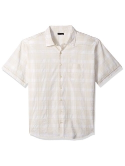 Men's Big and Tall White Washed Short Sleeve Button Down Plaid Slub Shirt