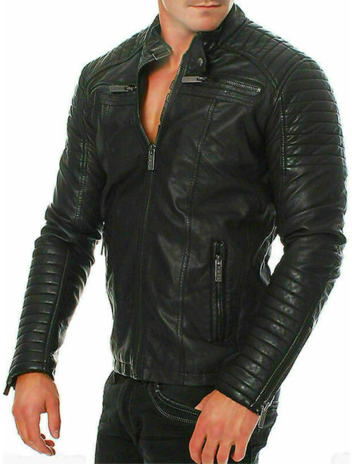Men's Quilted Black Genuine Leather Jacket For Biker Racer Bomber Vintage Top