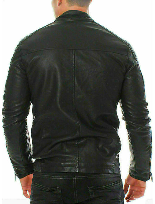 Men's Quilted Black Genuine Leather Jacket For Biker Racer Bomber Vintage Top