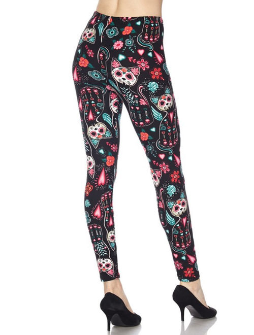 Women's Cutty Cats Sugar Skull Flower Hearts Butterfly Printed Halloween Ankle Legging