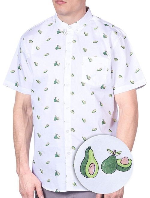 Mens Avocado Hawaiian Shirt Short Sleeve Button Down Up Casual Printed Shirts White L