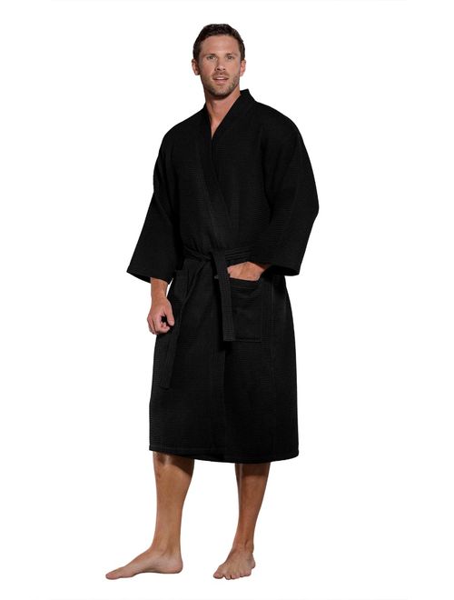 Turquaz Linen Lightweight Long Waffle Kimono Spa Robe for Men (Small/Medium, Black)