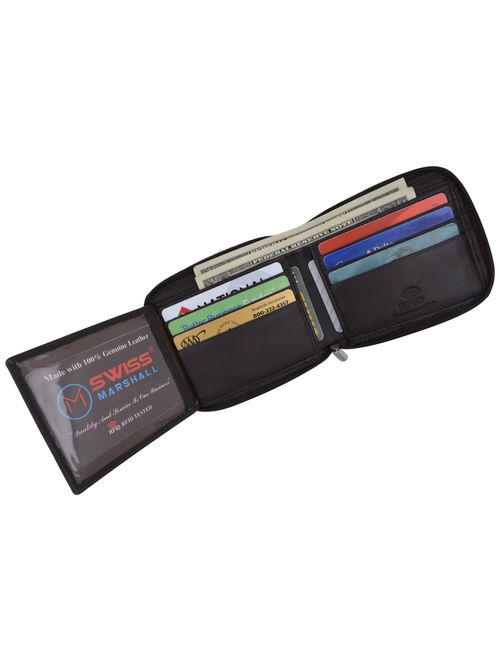 Swiss Marshall Men's Zipper RFID Blocking Premium Leather Zip-Around ID Bifold Wallet