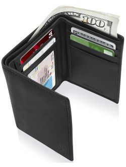 Trifold Wallets For Men RFID - Leather Slim Mens Wallet With ID Window Front Pocket Wallet Gifts For Men