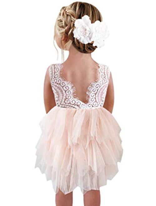 2Bunnies Girl Beaded Peony Lace Back A-Line Tiered Tutu Tulle Flower Girl Dress