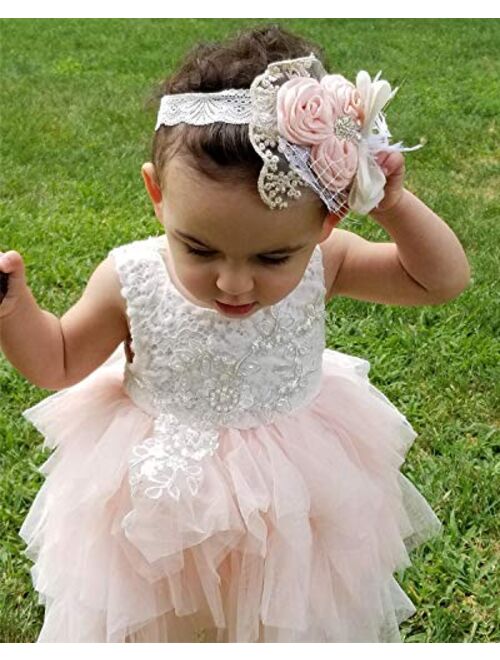 2Bunnies Girl Beaded Peony Lace Back A-Line Tiered Tutu Tulle Flower Girl Dress