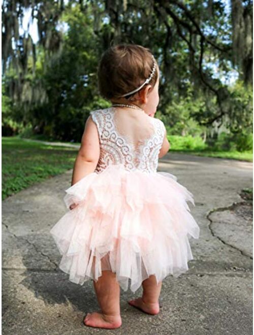 2Bunnies Girl Beaded Peony Lace Back A-Line Tiered Tutu Tulle Flower Girl Dress