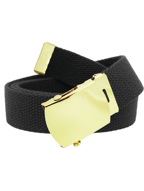 Men's Gold Brass Slider Military Belt Buckle with Canvas Web Belt Small Black