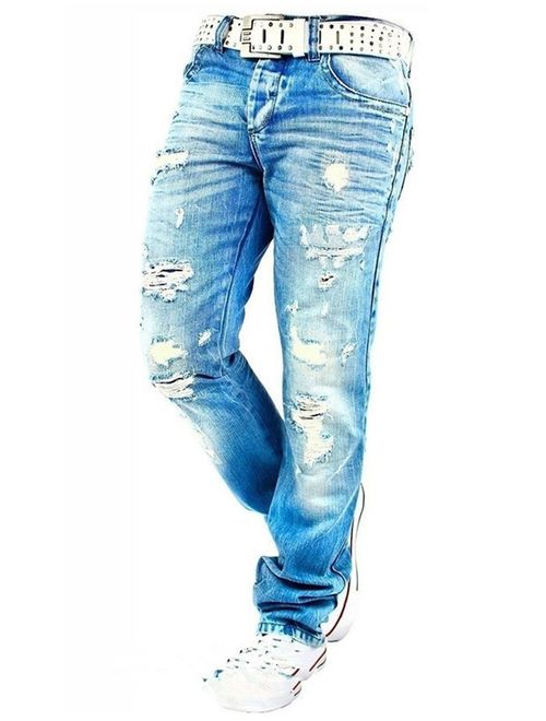 Blue Washed Men's Casual Jeans All Match Fashion Long Denim Pants