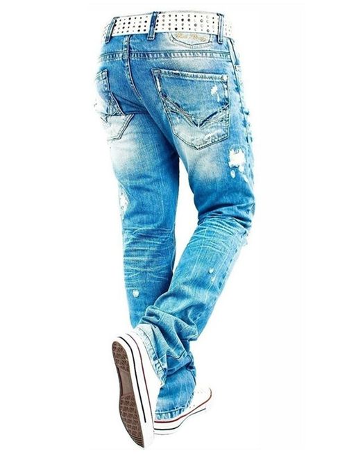 Blue Washed Men's Casual Jeans All Match Fashion Long Denim Pants