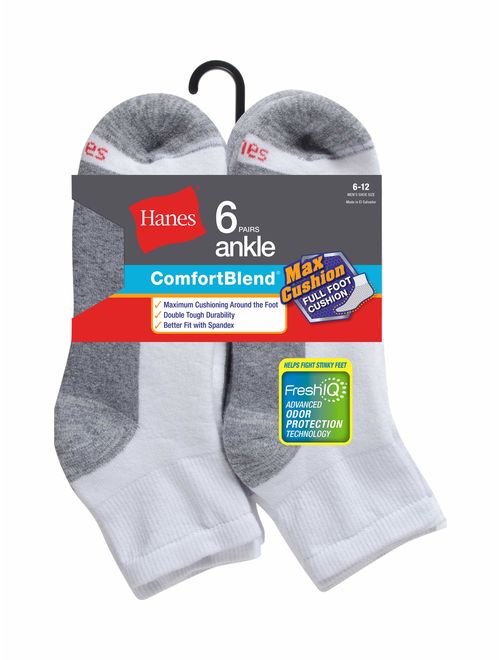 Hanes Comfort Blend Ankle Socks, 6 Pack, 6-12, White