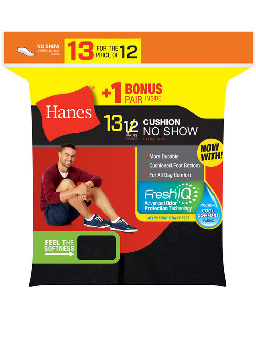 Hanes Men's Cushion FreshIQ No-Show Socks 12 + 1 Bonus Pack