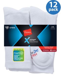 X-Temp Men's Active Cool Crew Socks, 12 Pack, 6-12, White