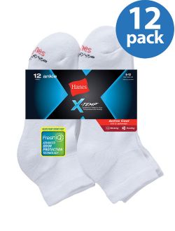 X-Temp Men's Active Cool Ankle Socks, 12 Pack, 6-12, White