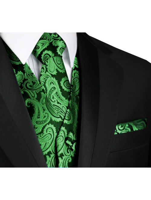 Italian Design, Men's Formal Tuxedo Vest, Tie & Hankie Set for Prom, Wedding, Cruise in Green Paisley