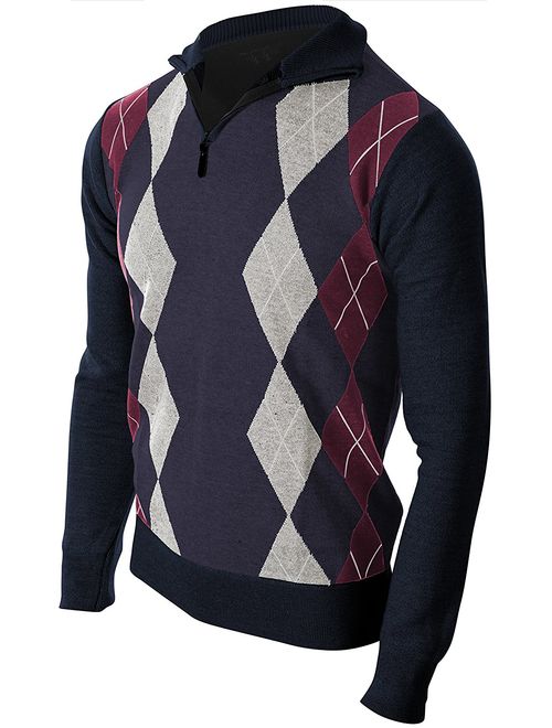 Enimay Mens Argyle Zip Up Golf Long Sleeve Zipper Sweater Vintage Navy Size S