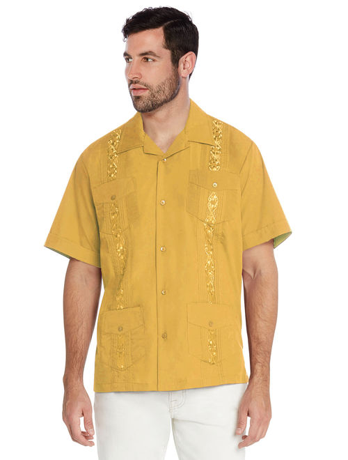 vkwear Men's Guayabera Cuban Beach Wedding Casual Short Sleeve Dress Shirt (Yellow, 4XL)