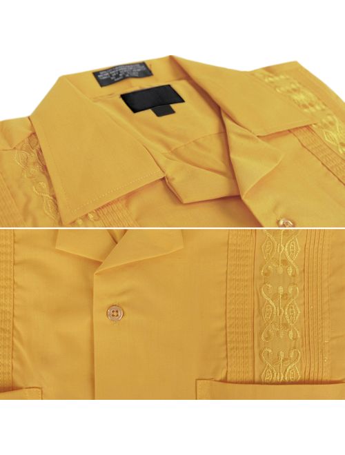 vkwear Men's Guayabera Cuban Beach Wedding Casual Short Sleeve Dress Shirt (Yellow, 4XL)