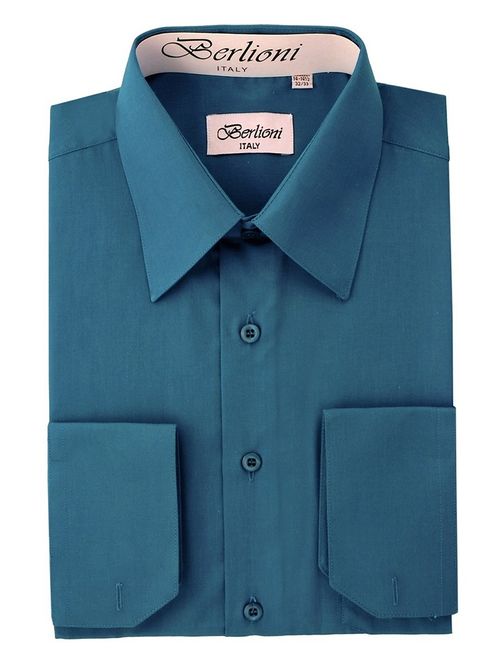 BERLIONI MEN'S CONVERTIBLE CUFF SOLID DRESS SHIRT-TEAL-L sleeve 32/33