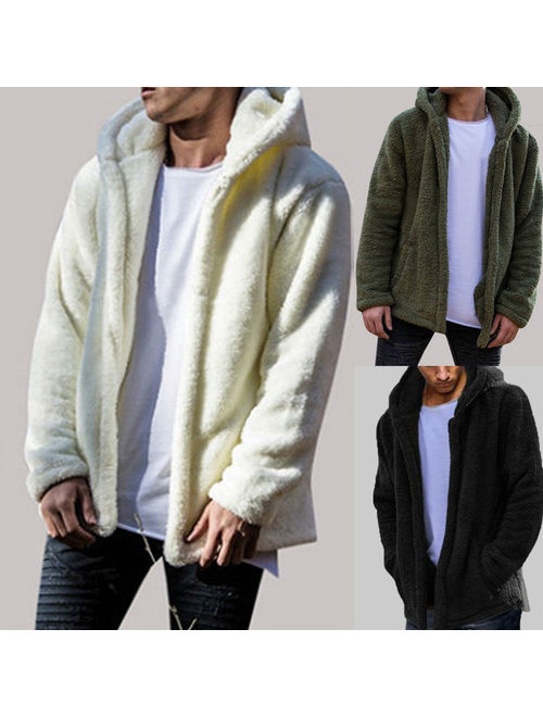 Mens Winter Teddy Bear Pocket Coat Fleece Fur Jackets Warm Outerwear Hoodie
