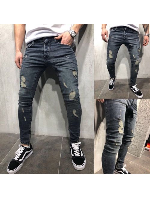 Mens Ripped Jeans Stretchy Skinny Slim Fit Denim Pants Destroyed Frayed Trousers
