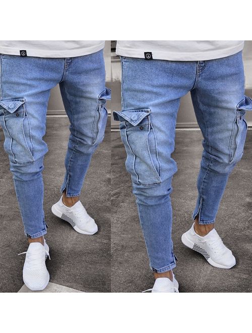 Mens Stretchy Ripped Jeans Skinny Biker Jeans Destroyed Taped Slim Denim Pant MA