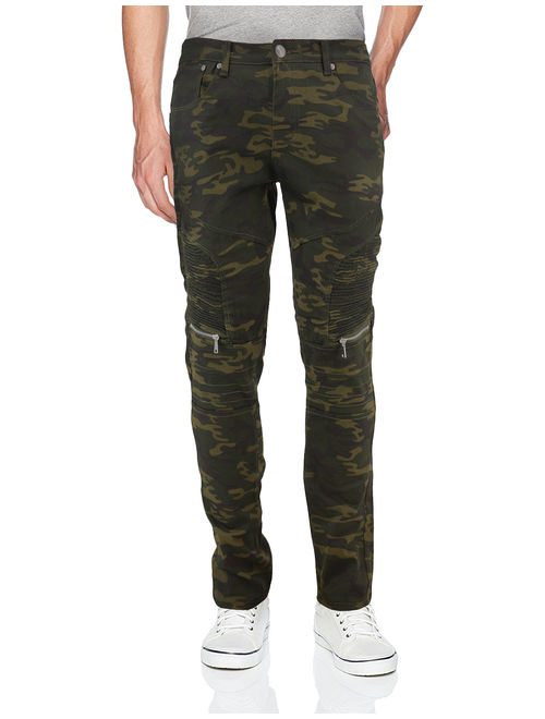 Men's Skinny Fit Distressed Quilted Stretch Fashion Moto Zipper Jeans (Olive Camo, 34x30)