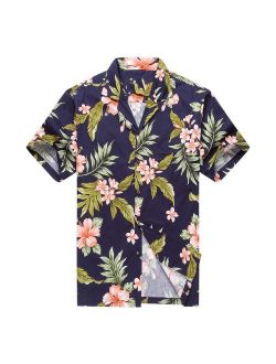 Made in Hawaii Men's Hawaiian Shirt Aloha Shirt Cluster Floral Leaf in Navy and Pink
