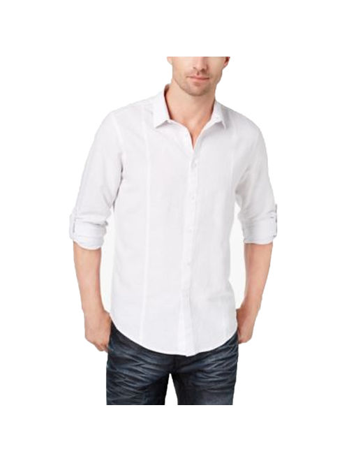 INC International Concepts Men's Linen Shirt (White Combo, Small)