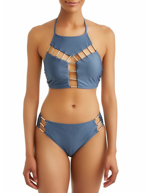 Time and Tru Women's Slate Rib High Neck Halter Swimsuit Top